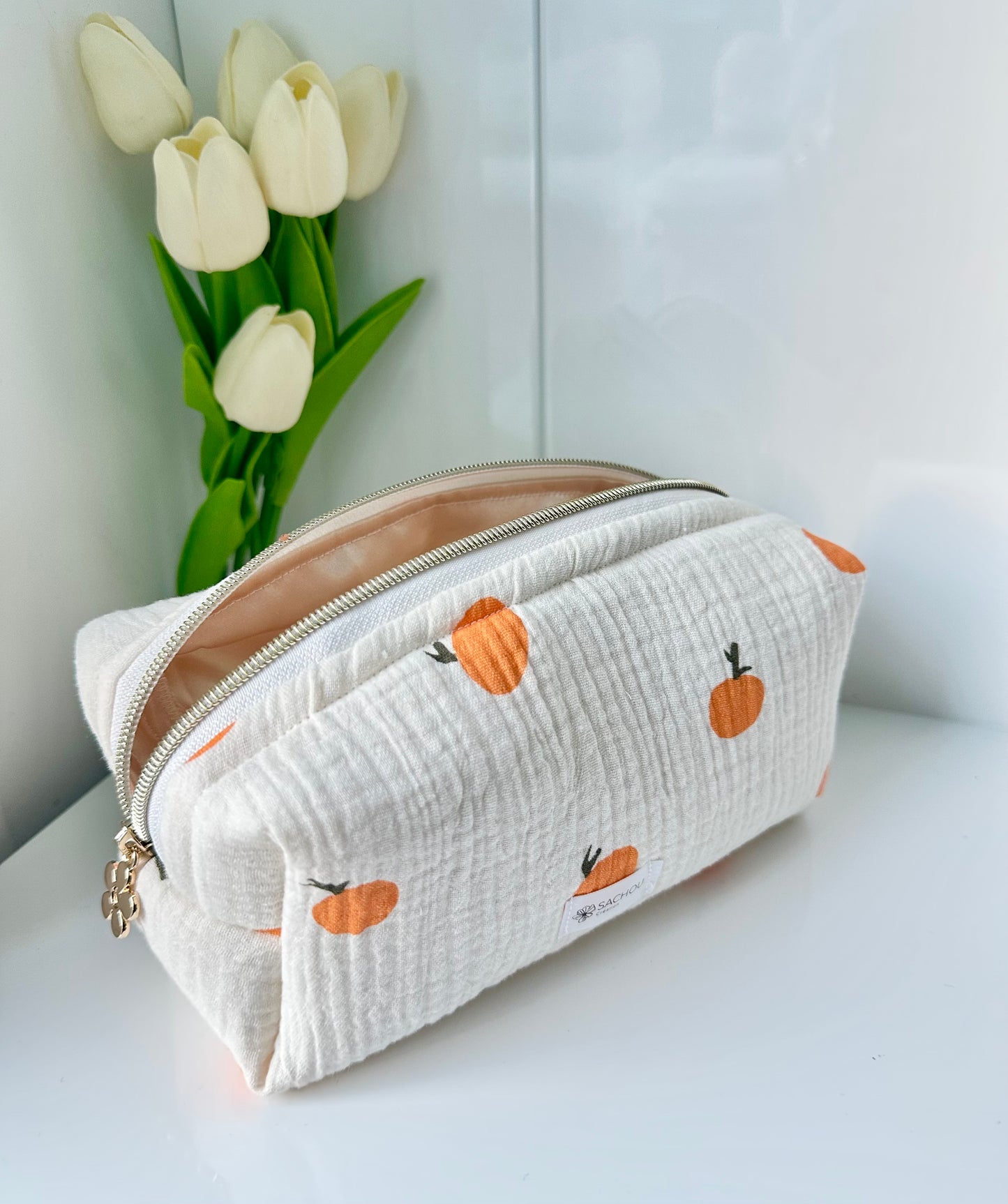 Trousse de toilette en double gaze de coton agrumes