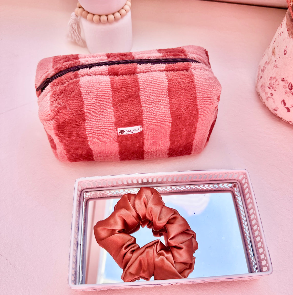 Trousse de maquillage motif rayures en microfibre de bambou