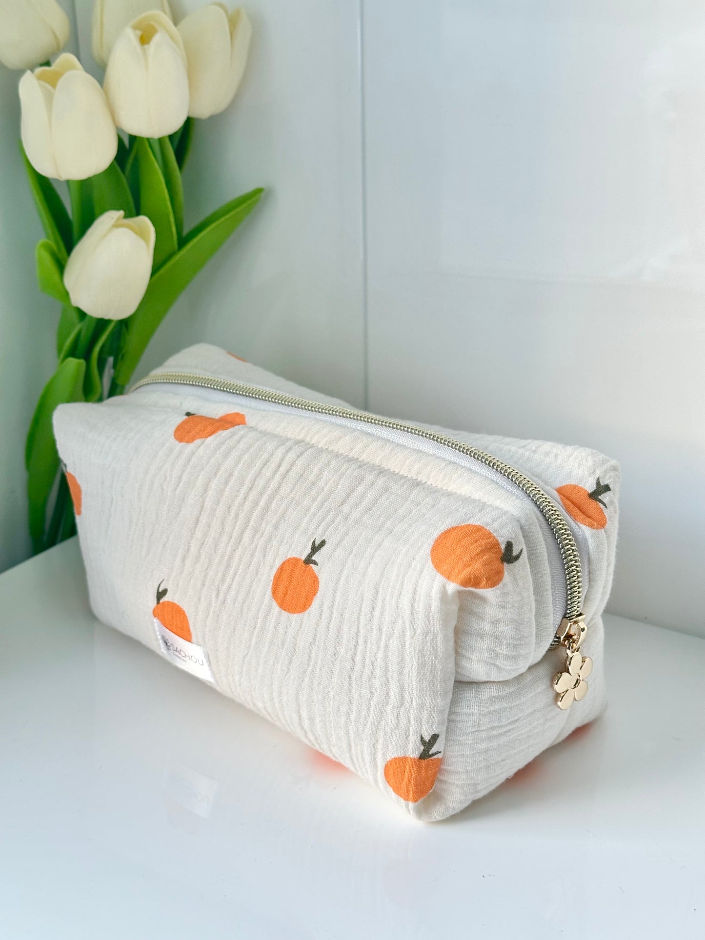 Trousse de toilette en double gaze de coton agrumes
