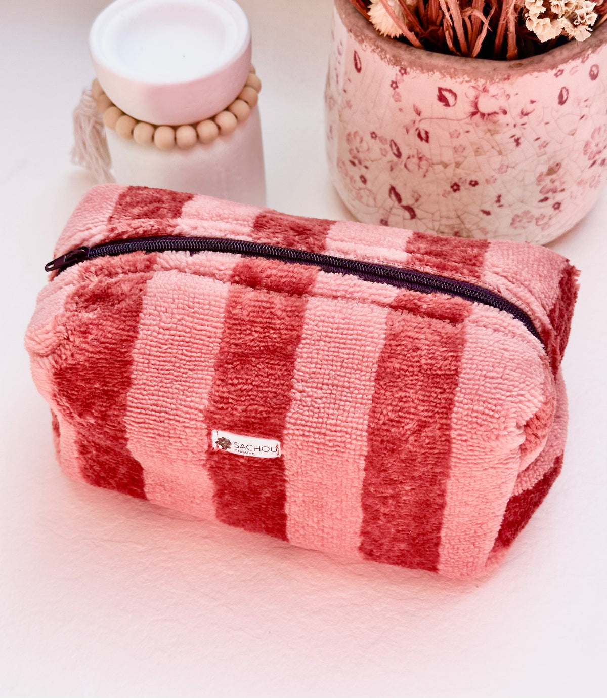 Trousse de maquillage motif rayures en microfibre de bambou