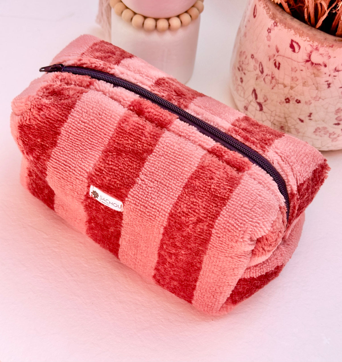 Trousse de maquillage motif rayures en microfibre de bambou